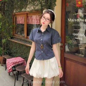 Áo sơ mi kẻ tay phồng thắt eo 1