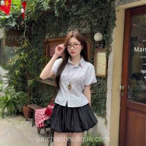 Áo sơ mi kẻ tay phồng thắt eo 2