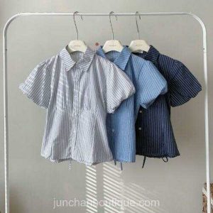 Áo sơ mi kẻ tay phồng thắt eo 4