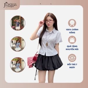 Áo sơ mi kẻ tay phồng thắt eo