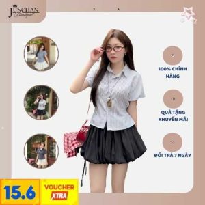 Áo sơ mi kẻ tay phồng thắt eo