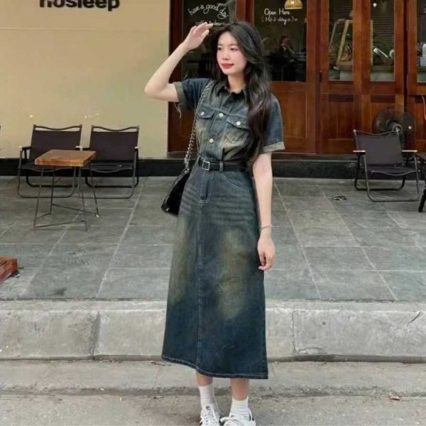 Đầm Jean Denim Cổ Sơ Mi