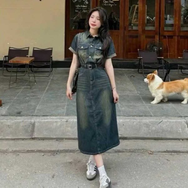 Đầm Jean Denim Cổ Sơ Mi