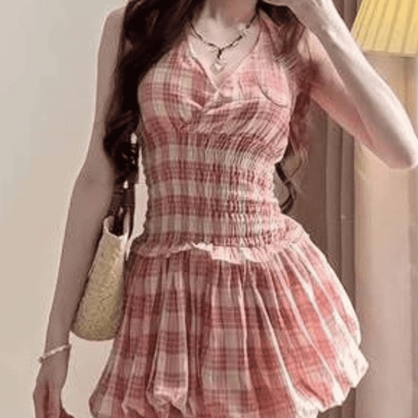Váy babydoll kẻ ô caro 2 dây cổ V 6