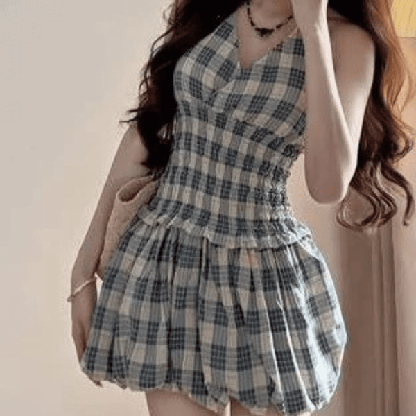 Váy babydoll kẻ ô caro 2 dây cổ V 5