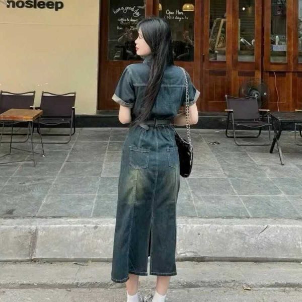 Đầm Jean Denim Cổ Sơ Mi