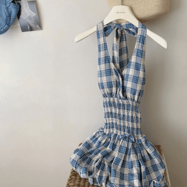 Váy babydoll kẻ ô caro 2 dây cổ V 2