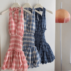 Váy babydoll kẻ ô caro 2 dây cổ V 1
