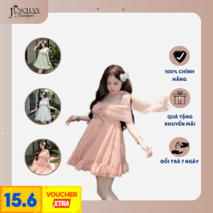 Đầm babydoll voan lụa xanh pastel trễ vai đính hoa ngọc – phong cách nàng thơ dịu dàng Hàn Quốc