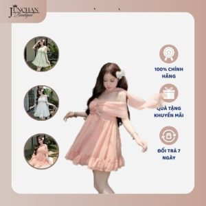 Đầm babydoll voan lụa xanh pastel trễ vai đính hoa ngọc – phong cách nàng thơ dịu dàng Hàn Quốc