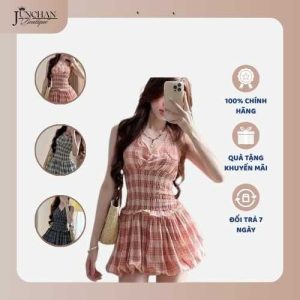 Váy babydoll kẻ ô caro 2 dây cổ V