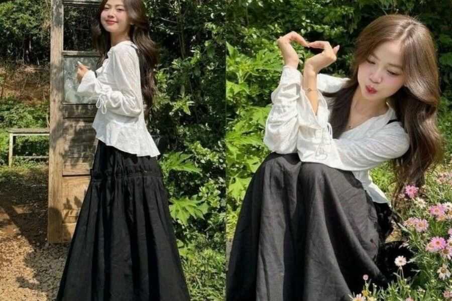 set áo croptop và chân váy dài