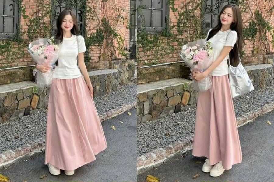set áo croptop và chân váy dài