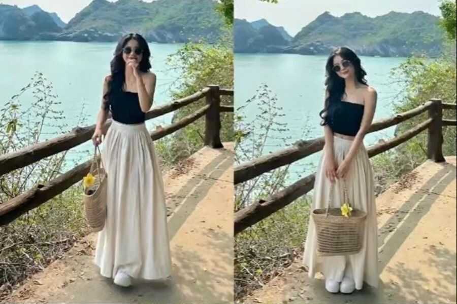 set áo croptop và chân váy dài