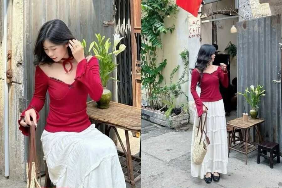 set áo croptop và chân váy dài