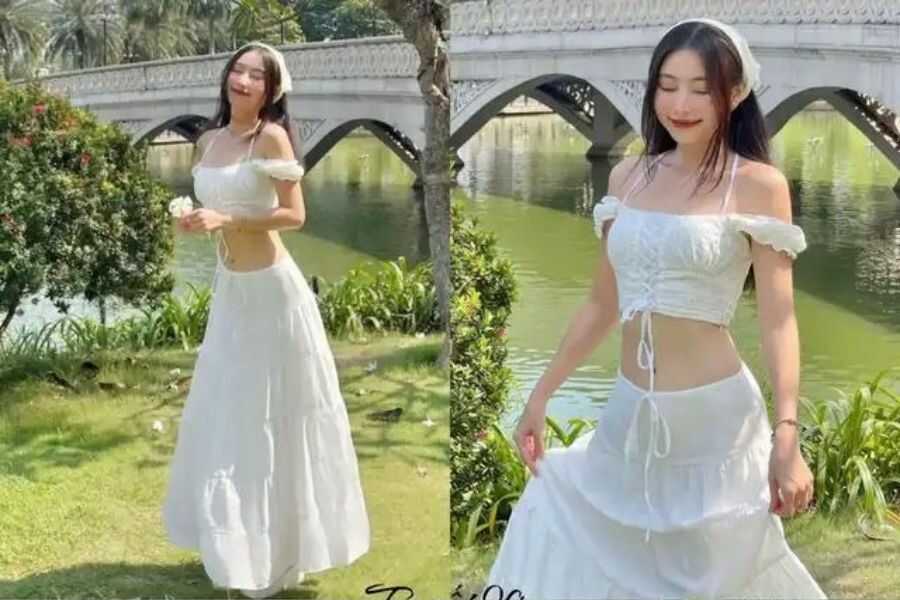 set áo croptop và chân váy dài